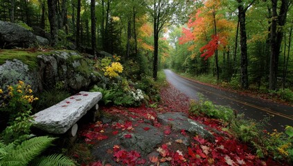 Autumnal path through a moss-covered forest