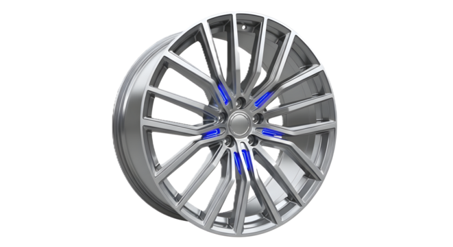 Silver alloy car wheel with a multi-spoke design and blue accents around the center hub, isolated on a white background.