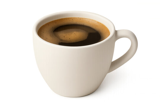 Ceramic white coffee mug filled with rich, dark espresso, golden crema topping, resting on pristine transparent surface - Powered by Adobe