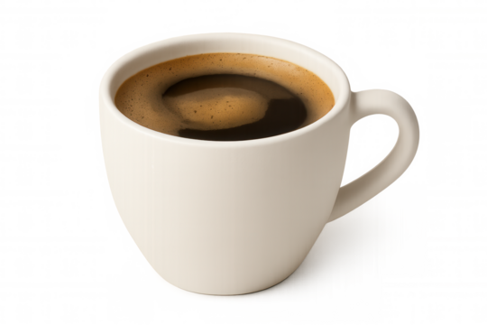 Ceramic white coffee mug filled with rich, dark espresso, golden crema topping, resting on pristine transparent surface