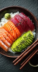 Colorful sushi bowl with rice, fish, and avocado (1)