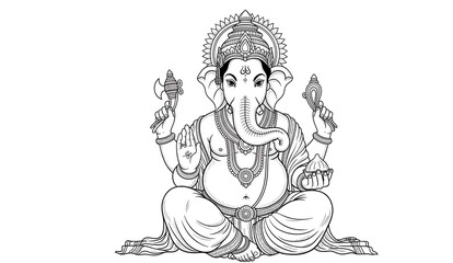 Detailed monochrome line art of Lord Ganesha seated in a blessing posture with lotus and ornate crown.