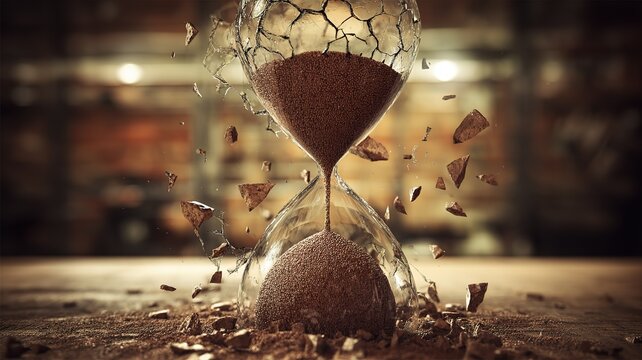 Leaking Sand from Cracked Hourglass as Metaphor Symbolizing Cognitive Decline and Time Passing in Abstract Concept for Medical Psychology and Aging Research Illustration Background