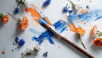 Abstract paint strokes and flowers on white paper