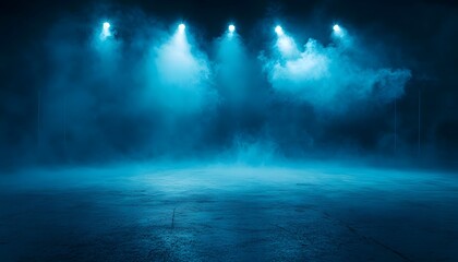 Naklejka premium The image shows four bright blue spotlights illuminating a dark stage filled with atmospheric smoke, creating a dramatic and moody scene.