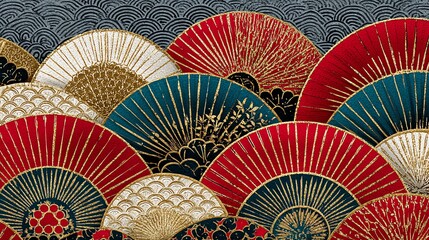 An intricate arrangement of traditional folding fans in rich hues of red, blue, and gold creates a visually striking pattern, evoking a sense of cultural artistry and refined elegance.