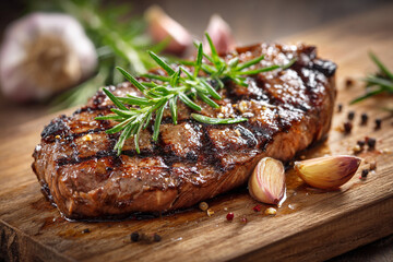 Juicy grilled steak served with fresh rosemary and garlic cloves.