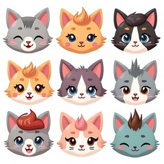 Fototapeta premium Collection of Cute Cartoon Cat Faces with Various Colors and Expressions