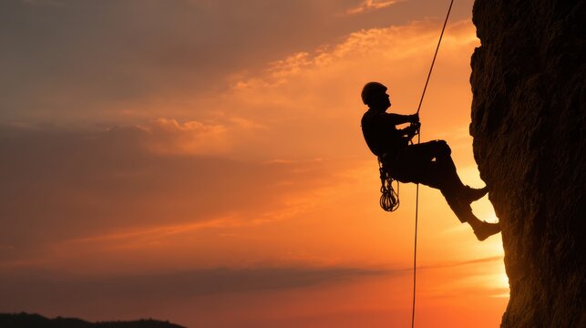 Muscular climber man in protective helmet abseiling from cliff rock wall using rope Belay device and climbing harness on evening sunset sky background. Active extreme sports time spending concept.