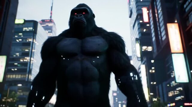 A powerful, high-tech gorilla with glowing eyes, standing with purpose against a futuristic city backdrop.