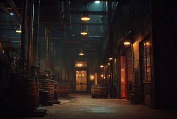Fototapeta premium Dimly Lit Urban Alleyway at Night with Warm Light Sources and Shadowed Surroundings