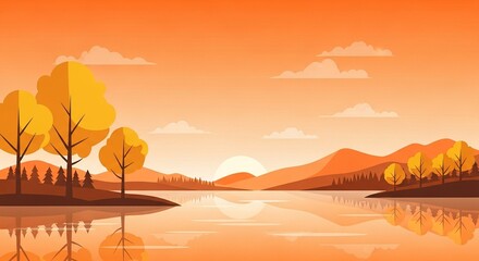 Minimalist Flat Vector Landscape at Sunset