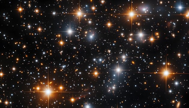 The image shows a dense collection of stars with varying brightness and colors, set against a backdrop of numerous faint galaxies.