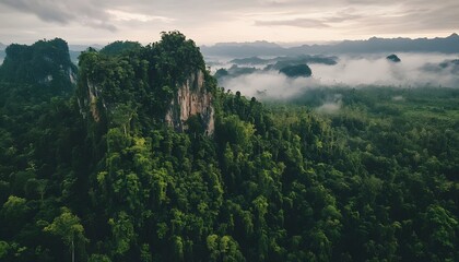 A high angle view shows a steep, lush green mountain with a rocky cliff face, partially obscured by fog, in a dense jungle setting.