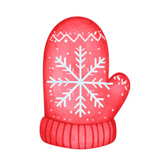 Watercolor Red Mitten with Snowflake Design Winter Apparel Illustration.