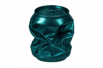 Crumpled teal soda can isolated on transparent background, symbolizing recycling, waste management, and environmental issues
