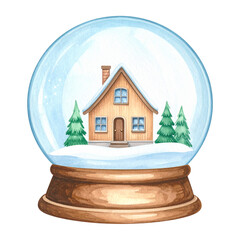 Watercolor Snow Globe with Cozy Wooden House and Christmas Trees.