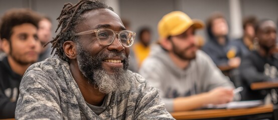 Diverse Group of People Attending a Workshop or Seminar in a Bright Classroom Setting