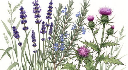 Naklejka premium Watercolor illustration of lavender rosemary and thistle plants.