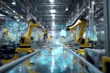 Factory floor with robotic arms and AI neural network overlay