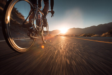 Naklejka premium Sporty man biking outdoors on highway during dramatic evening sky.