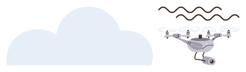 Cloud and drone equipped with camera capturing surroundings and emitting signal waves. Ideal for technology, security, surveillance, environment, innovation, monitoring, aerial vision. Simple flat