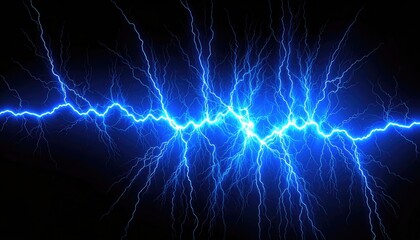 Electric blue lightning bolts streak across a dark background.