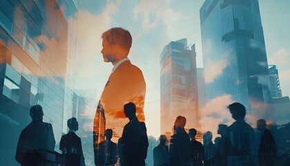 The illustration shows multiple businesspeople silhouetted against a backdrop of modern city skyscrapers, creating a double exposure effect.