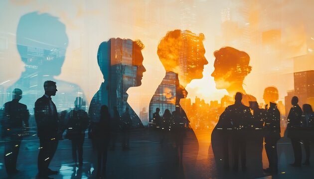 The image shows two silhouetted figures seemingly talking, with a city skyline reflected in a glass surface behind them, illuminated by a warm sunset.