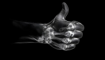 The illustration shows a detailed anatomical rendering of a hand and wrist, with bones and joints clearly visible, giving a thumbs-up gesture.