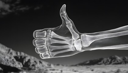 Obraz premium A 3D rendering of a human skeletal hand giving a thumbs up gesture is shown against a blurred background of mountains.