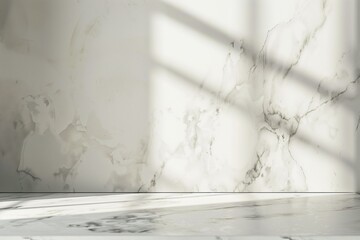 White marble counter with soft shadows, empty space for product placement, minimalist modern background.
