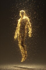 Obraz premium gilded silhouette of a human figure woven from golden threads, suspended mid-air with radiant shimmer, minimal abstract style, surreal light, dark background with floating particles, hyperrealistic 