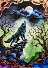 Gothic fantasy wolf on rocky cliff howling at glowing full moon with twisted trees and storm clouds, ideal for spooky wall art and mystical decor