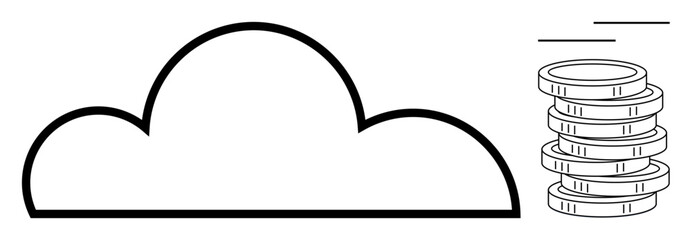 Outline of a cloud next to stacked coins, symbolizing cloud storage, data management, financial growth, or savings. Ideal for technology, business, finance, innovation digital economy