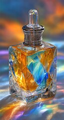 Close-up of a decorative glass perfume bottle.  Colorful light refracts and reflects on the surface.