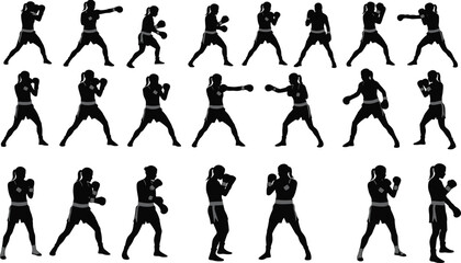 Female boxer silhouette, boxing training poses, women fighters, sport activity, fitness workout, martial arts practice, athletic women, boxing gloves, power, 