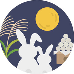 お月見のイラスト｜満月とすすき・月見団子とうさぎの親子のイラスト