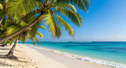 Obraz premium Serene beach scene with palm trees swaying in the gentle breeze and calm turquoise waters