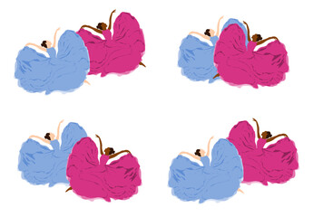 Set of vector dancing poses with black and fair girl couple