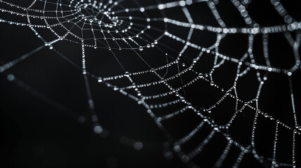 Naklejka premium Close-up of delicate spider web with dew drops against a black background in macro view