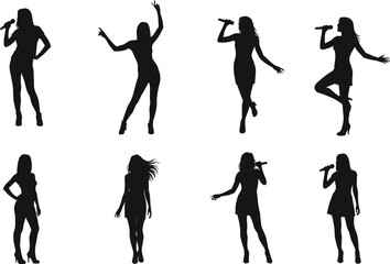 Female singer silhouettes with microphones performing on stage, music concert pose, dancing artists, musical expression, entertainment, vocal talent, pop star show, silhouette collection