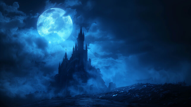 Dark gothic castle silhouetted against a glowing full moon in a misty, mysterious night sky