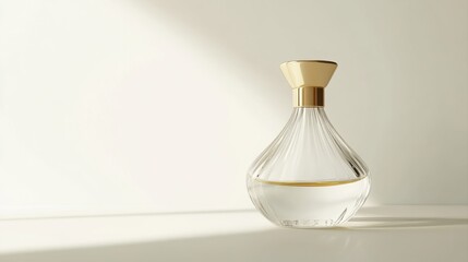 glass perfume bottle with simple gold cap white background natural lighting