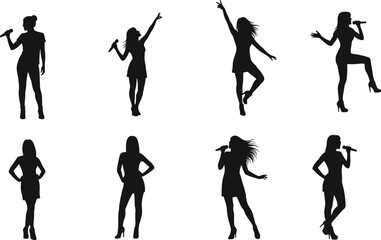Female singer silhouettes, microphone performance, dancing pop stars, stage presence, concert pose, musical talent, entertainment icons, vocalist figure, 