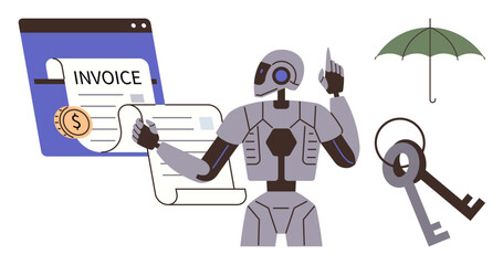 Robot managing digital invoice process, coin, keys, umbrella emphasizing automation, financial management, security, liability, protection future technology innovation. Ideal for fintech AI
