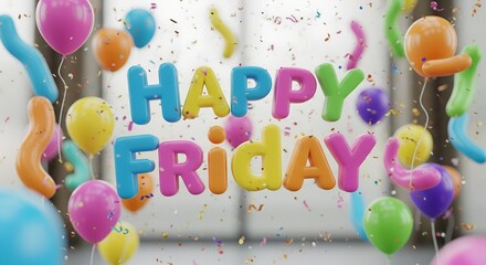 Bright, playful “Happy Friday” message formed by glossy balloons with confetti and soft bokeh.