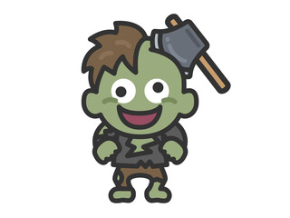 斧が刺さった、ゾンビのキャラクターのアイコン（線画カラー）のイラスト