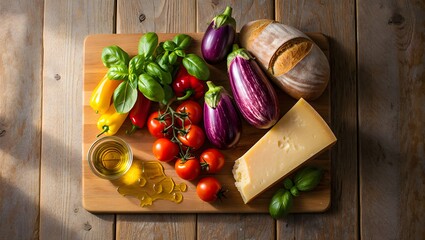 Fresh ingredients for delicious italian cooking featuring eggplant tomatoes basil and cheese