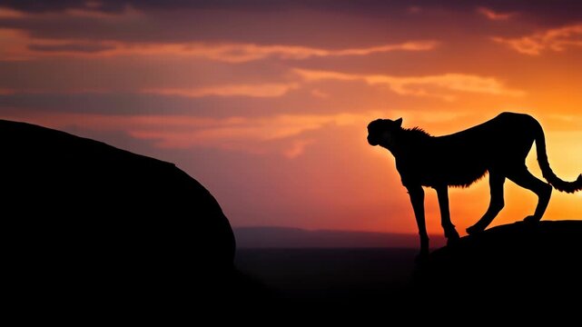 Wide shot of cheetah silhouette at sunset 